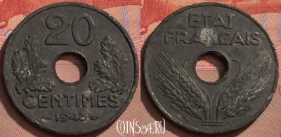 Франция 20 сантимов 1943 года, KM# 900, 121l-023