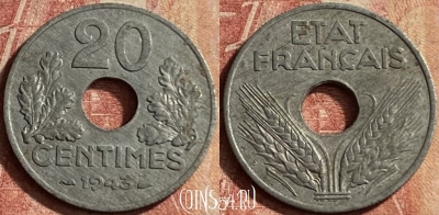 Франция 20 сантимов 1943 года, KM# 900, 128p-005