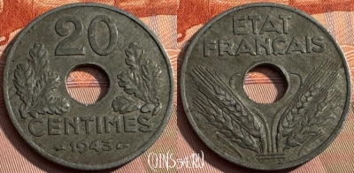 Франция 20 сантимов 1943 года, KM# 900, 162s-007