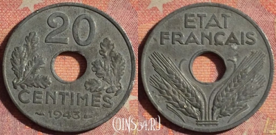 Франция 20 сантимов 1943 года, KM# 900, 199i-081