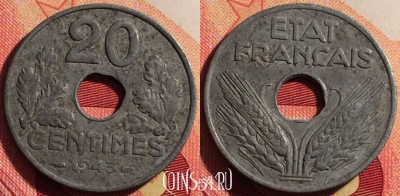 Франция 20 сантимов 1943 года, KM# 900, 214i-126