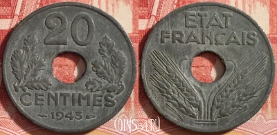 Франция 20 сантимов 1943 года, KM# 900, 256-109