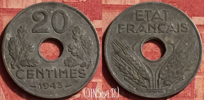 Франция 20 сантимов 1943 года, KM# 900, 356o-124