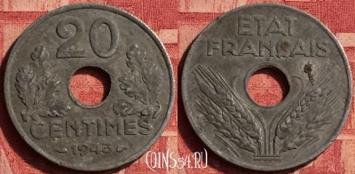 Франция 20 сантимов 1943 года, KM# 900, 356o-131