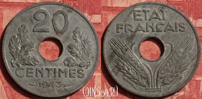 Франция 20 сантимов 1943 года, KM# 900, 357o-084