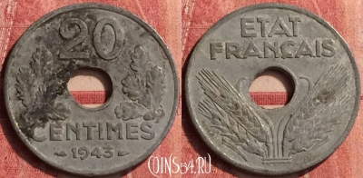 Франция 20 сантимов 1943 года, KM# 900, 408-101