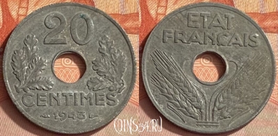 Франция 20 сантимов 1943 года, KM# 900, 410o-120 ♛