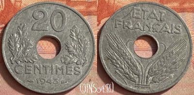 Франция 20 сантимов 1943 года, KM# 900, 411o-113 ♛