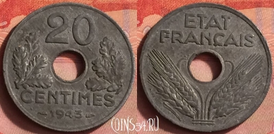 Франция 20 сантимов 1943 года, KM# 900, 429o-080