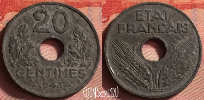 Франция 20 сантимов 1943 года, KM# 900, 429o-087