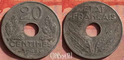 Франция 20 сантимов 1943 года, KM# 900, 430o-029