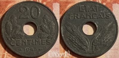 Франция 20 сантимов 1943 года, KM# 900, 491р-020 ♛