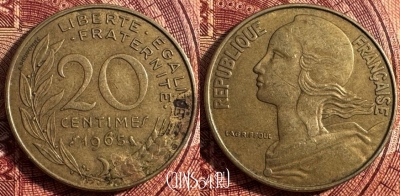 Франция 20 сантимов 1965 года, KM# 930, 358s-091