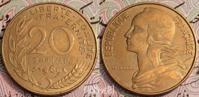 Франция 20 сантимов 1969 года, KM# 930, 61-040