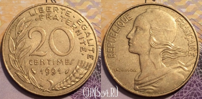 Франция 20 сантимов 1991 года, KM# 930, 234-079