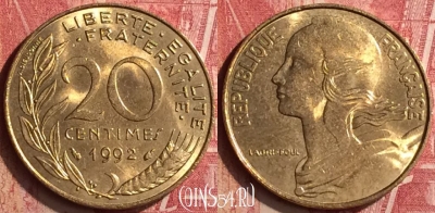 Франция 20 сантимов 1992 года, KM# 930, 183n-109