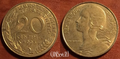 Франция 20 сантимов 1993 года, KM# 930,