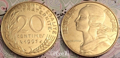 Франция 20 сантимов 1997 год, KM# 930, 61-036