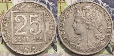 Франция 25 сантимов 1903 года, KM# 855, 132-106