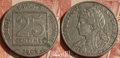 Франция 25 сантимов 1903 года, KM# 855, 265p-114