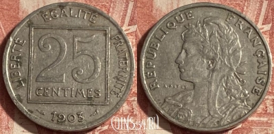 Франция 25 сантимов 1903 года, KM# 855, 268p-037