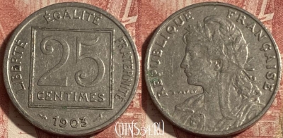 Франция 25 сантимов 1903 года, KM# 855, 288p-067 ♛