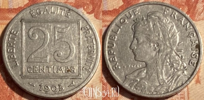 Франция 25 сантимов 1903 года, KM# 855, 500р-114