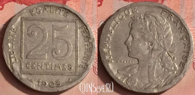Франция 25 сантимов 1903 года, KM# 855, 310o-144