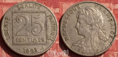 Франция 25 сантимов 1903 года, KM# 855, 359o-110