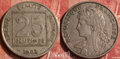 Франция 25 сантимов 1903 года, KM# 855, 365o-099