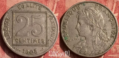 Франция 25 сантимов 1903 года, KM# 855, 366o-033
