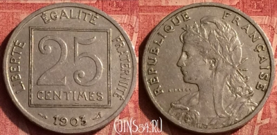 Франция 25 сантимов 1903 года, KM# 855, 369o-065