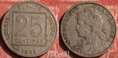 Франция 25 сантимов 1903 года, KM# 855, 369o-085