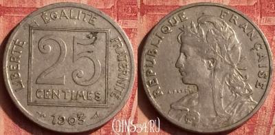 Франция 25 сантимов 1903 года, KM# 855, 378o-058