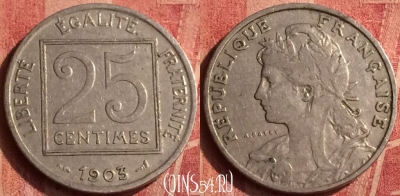 Франция 25 сантимов 1903 года, KM# 855, 379o-036