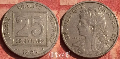 Франция 25 сантимов 1903 года, KM# 855, 383o-121