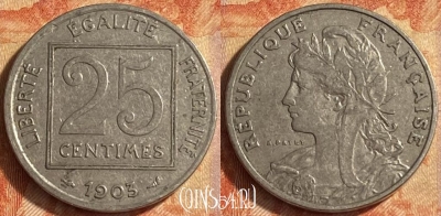 Франция 25 сантимов 1903 года, KM# 885, 451o-008 ♛