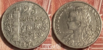 Франция 25 сантимов 1904 года, KM# 856, 072s-078 ♛