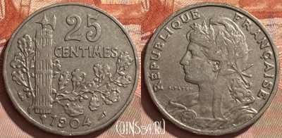 Франция 25 сантимов 1904 года, KM# 856, 095r-113 ♛