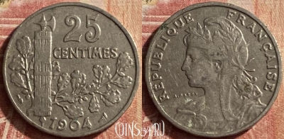Франция 25 сантимов 1904 года, KM# 856, 120p-083 ♛
