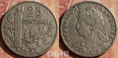 Франция 25 сантимов 1904 года, KM# 856, 128p-050