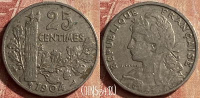 Франция 25 сантимов 1904 года, KM# 856, 128p-092
