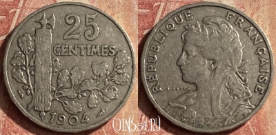 Франция 25 сантимов 1904 года, KM# 856, 128p-113