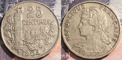 Франция 25 сантимов 1904 года, KM# 856, 167-134