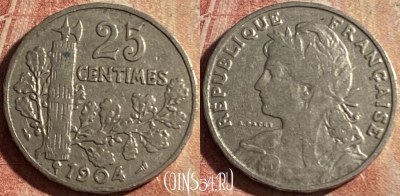 Франция 25 сантимов 1904 года, KM# 856, 171p-016