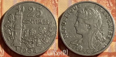 Франция 25 сантимов 1904 года, KM# 856, 184p-121 ♛