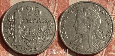 Франция 25 сантимов 1904 года, KM# 856, 264p-100 ♛