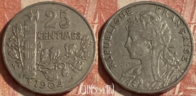 Франция 25 сантимов 1904 года, KM# 856, 265p-062 ♛