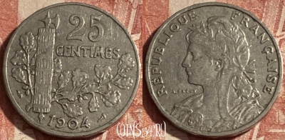 Франция 25 сантимов 1904 года, KM# 856, 265p-130