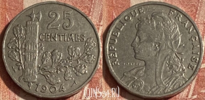 Франция 25 сантимов 1904 года, KM# 856, 266p-024